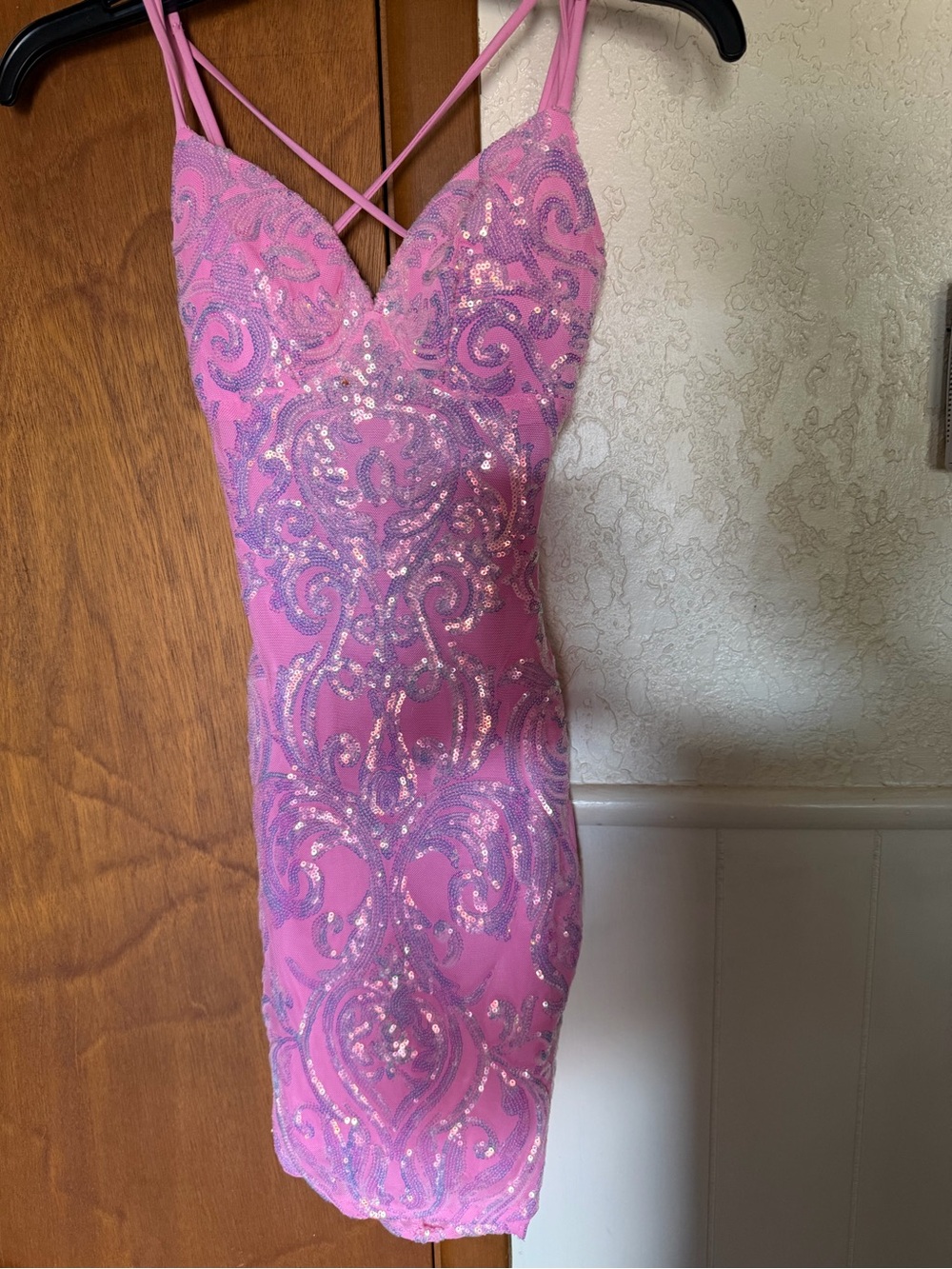 B Darlin Pink Sequin Mini Dress with Crisscross Straps